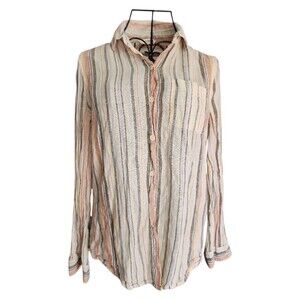 Beach Lunch Lounge Striped Button Up Blouse Sz XS Linen Blend Boho Laid Back